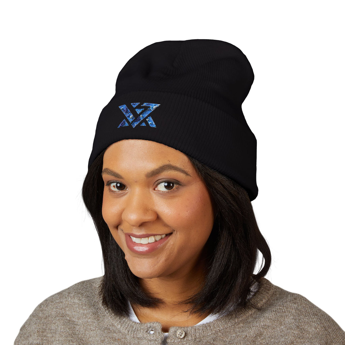 Embroidered Geometric Logo Beanie — Cuffed Winter Hat