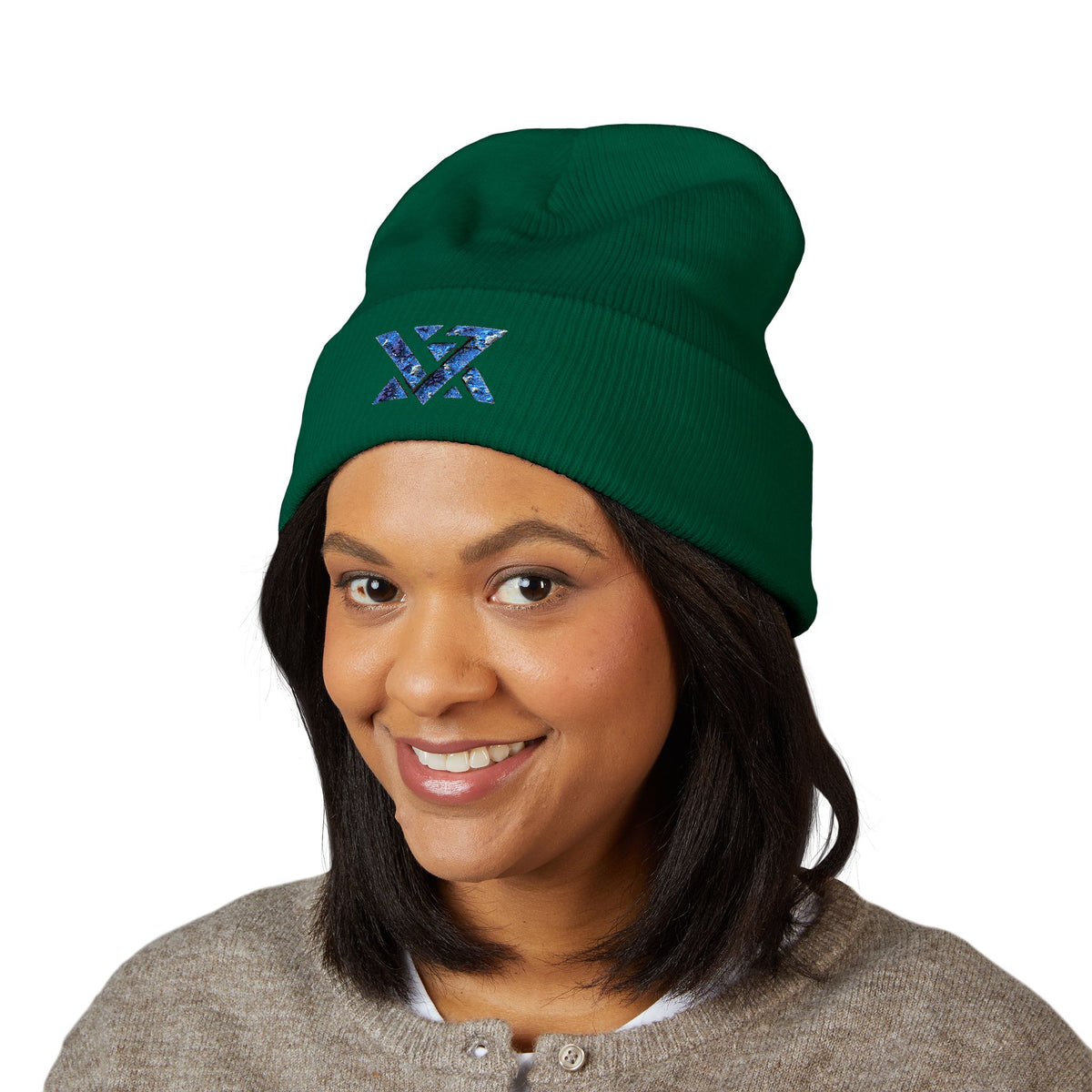 Embroidered Geometric Logo Beanie — Cuffed Winter Hat
